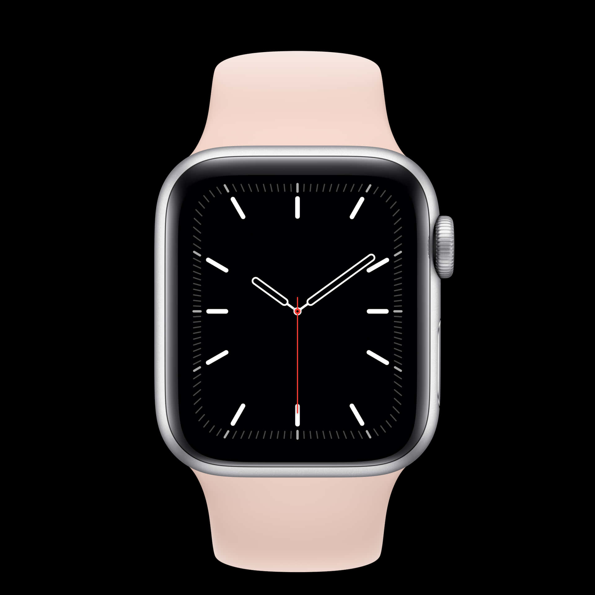 一隻現代的銀色Apple Watch搭配淡粉紅色錶帶和極簡的時鐘面。