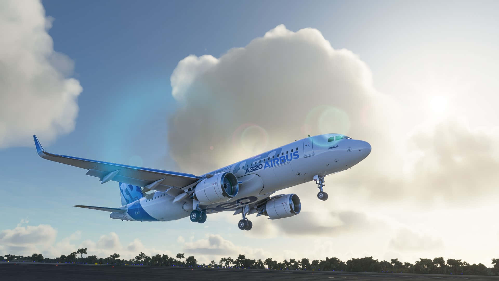 以最新 Microsoft 飛行模擬器探索天空 壁紙 — 一架空中巴士A320飛機在明亮的天空下從跑道起飛，天空中有蓬鬆的雲朵和鏡頭光暈。