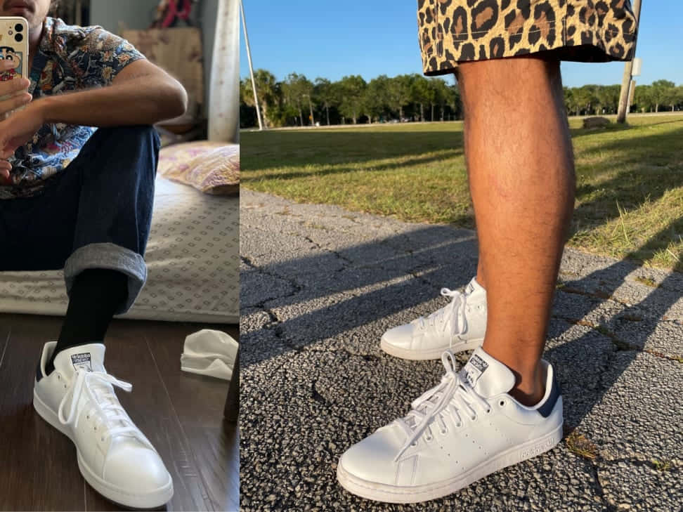 以最新Adidas系列展現時尚運動風範 壁紙 — 在陽光明媚的日子裡，穿著白色運動鞋的人在室內和室外的分割視圖。
