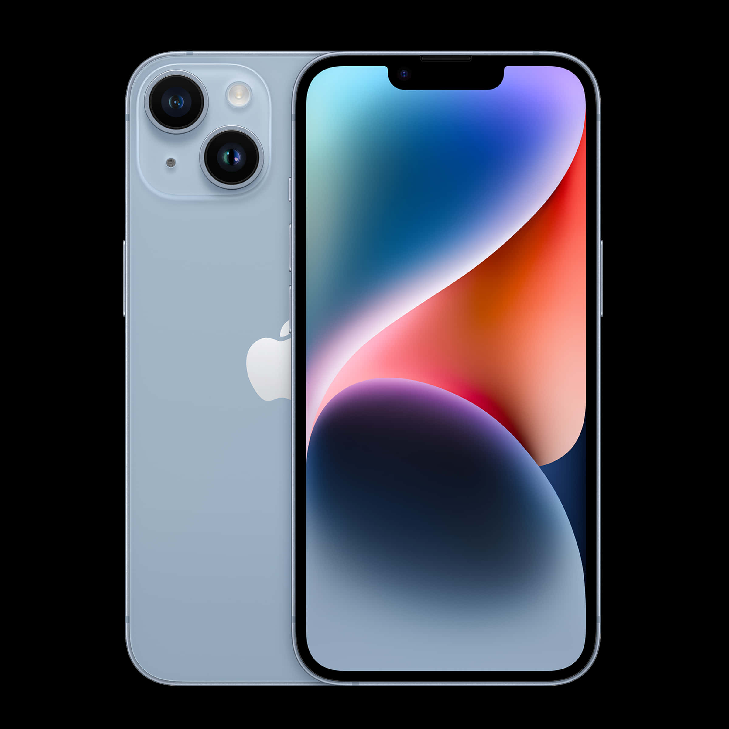 以最新Apple手機保持連接 壁紙 — 時尚的淺藍色 iPhone 14 在黑色背景前展示正面和背面，螢幕上顯示充滿活力的抽象桌布。