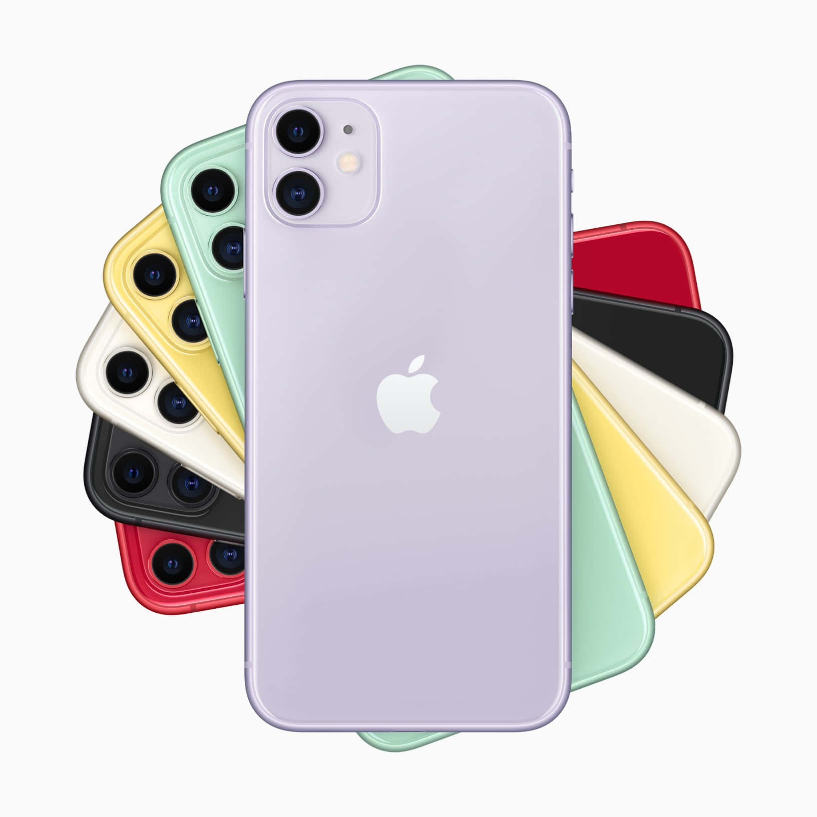 以最新Apple手機體驗強勁效能 壁紙 — 一系列色彩繽紛的iPhone 11型號呈扇形展開，其中薰衣草色型號居中，背景為純白色。