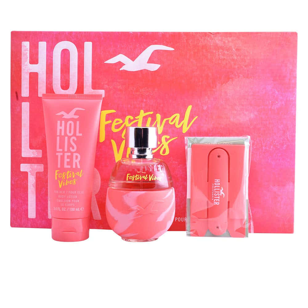 粉紅色包裝的Hollister Festival Vibes香水和身體護理禮品套裝。