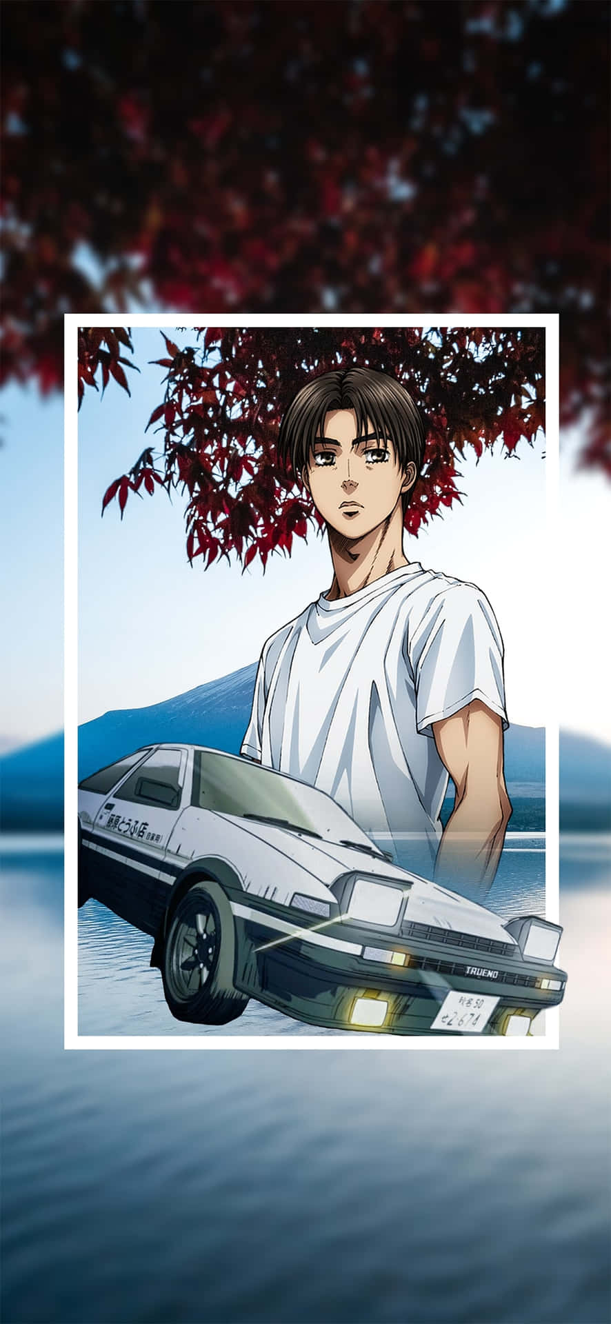動漫風格的年輕男子與白色AE86跑車，在湖邊的紅楓樹下。