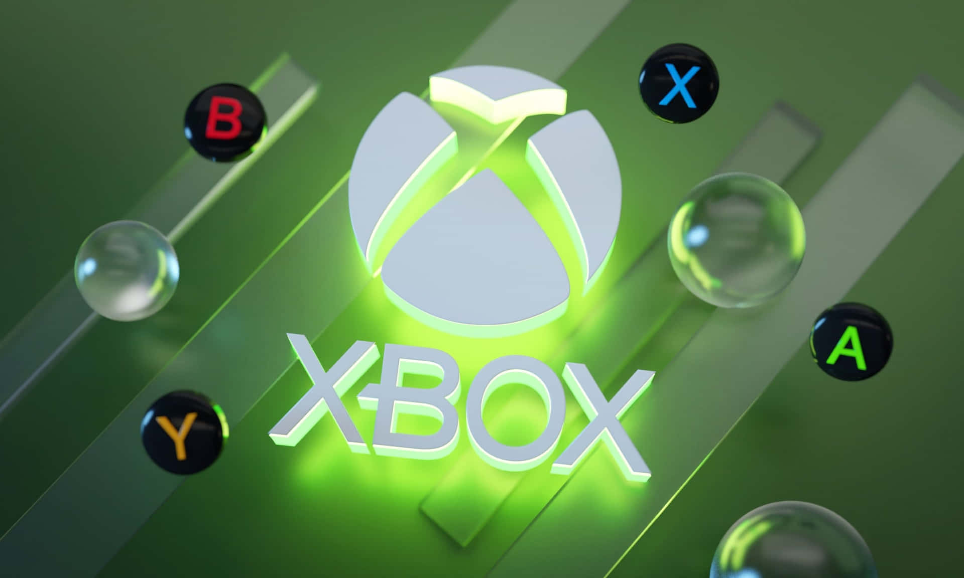 Xbox標誌，控制器按鈕漂浮在玻璃般的綠色表面上。