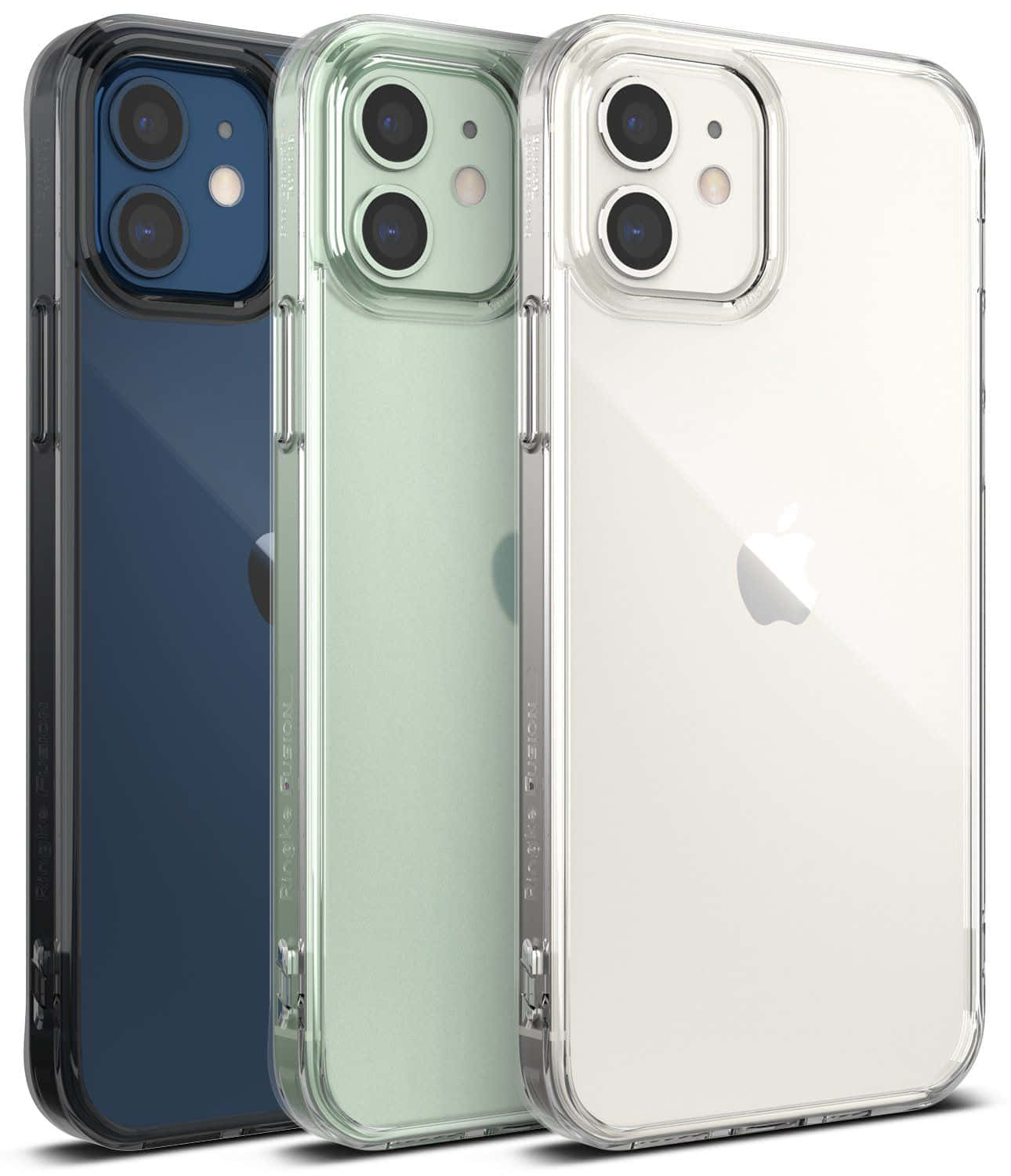 以最新科技迎接 iPhone 12 壁紙 — 三個 iPhone 保護殼，分別為藍色、綠色和透明色，在純白背景上展示流暢的相機開孔和 Apple 標誌。
