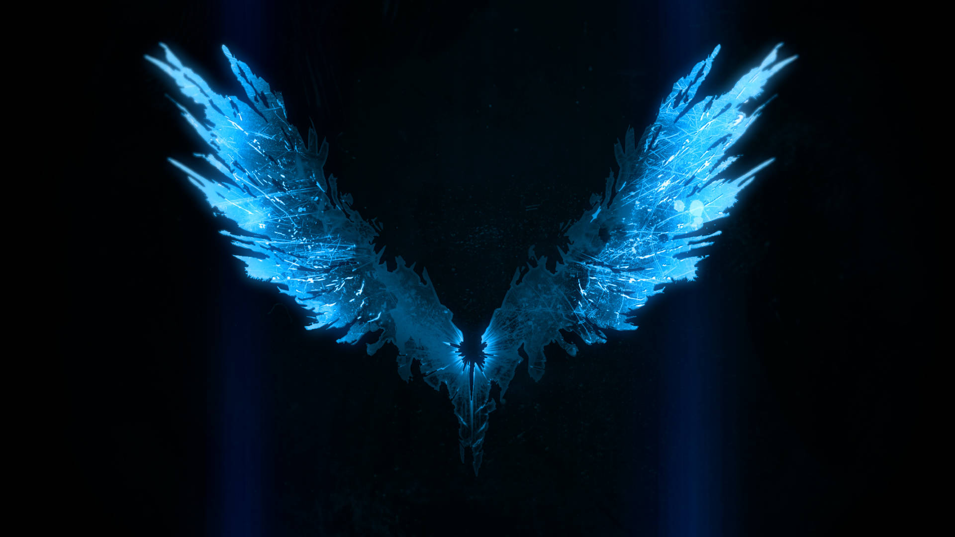 以最炫酷風格斬殺惡魔——《鬼泣5》 壁紙 — 冰藍色水晶翅膀在黑暗虛空中發光，垂直光束穿透而過。