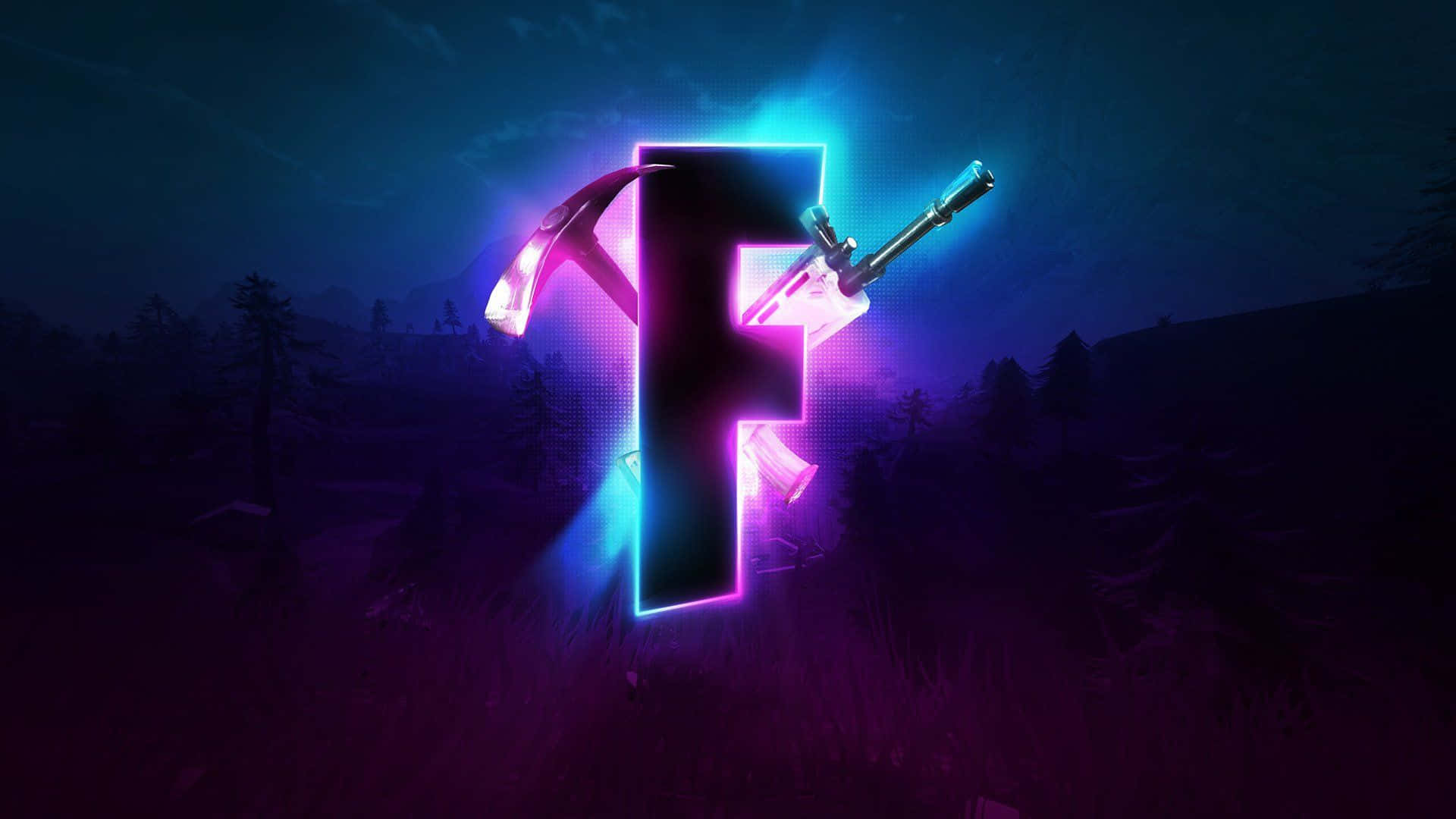 夜晚黑暗森林中帶有鎬和步槍的霓虹Fortnite標誌。