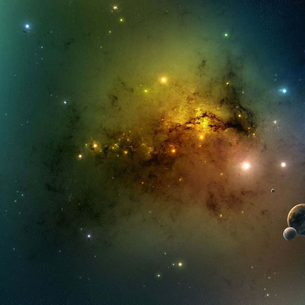 充滿活力的宇宙星雲，在深空中閃耀著恆星和兩顆軌道行星。