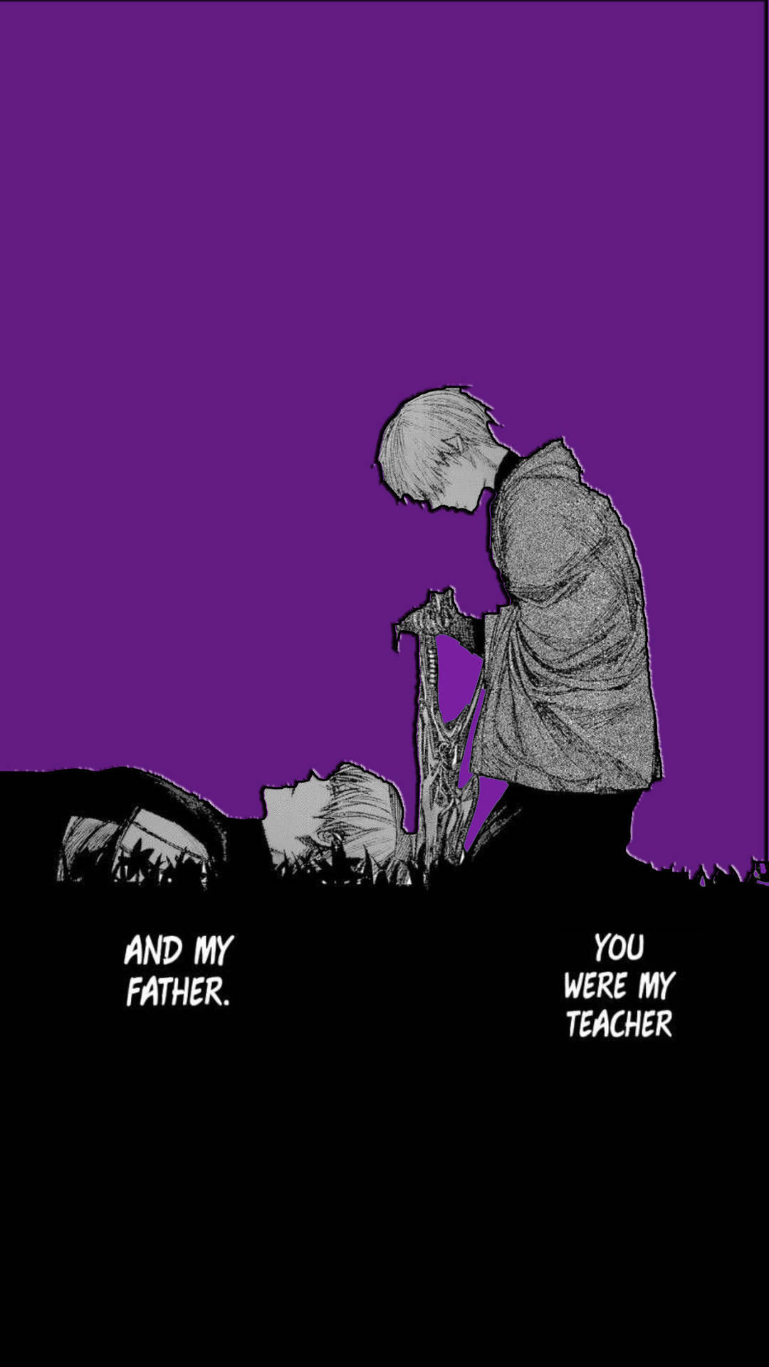 動漫角色手持法杖對著倒下的身影，帶有文字「AND MY FATHER. YOU WERE MY TEACHER」，背景為紫色天空。