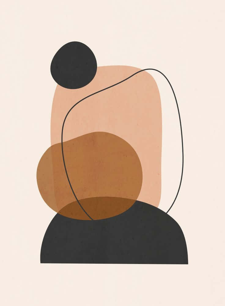 Minimalist Painting 桌布 壁紙 — 以柔和米色背景為襯托，由大地色調分層幾何形狀與流動黑色線條組成的抽象構圖。