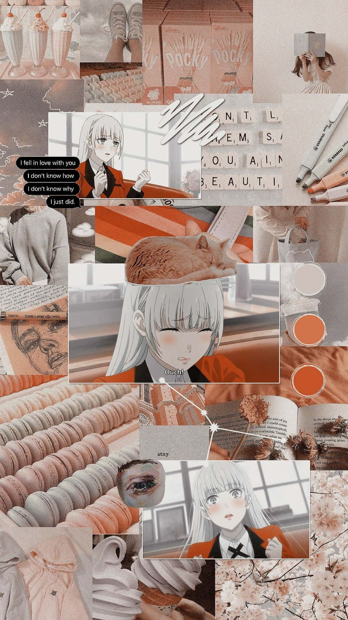 Anime Collage 桌布 壁紙 — 以柔和粉彩拼貼的動漫女孩、馬卡龍和舒適物品，採用溫暖蜜桃色調。