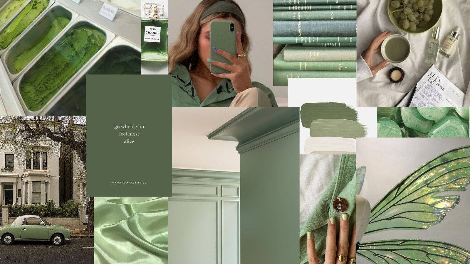 Pinterest Aesthetic 桌布 壁紙 — 以柔和粉彩為基調的綠色主題拼貼畫，包含復古汽車、絲綢布料、書籍和仙女翅膀。