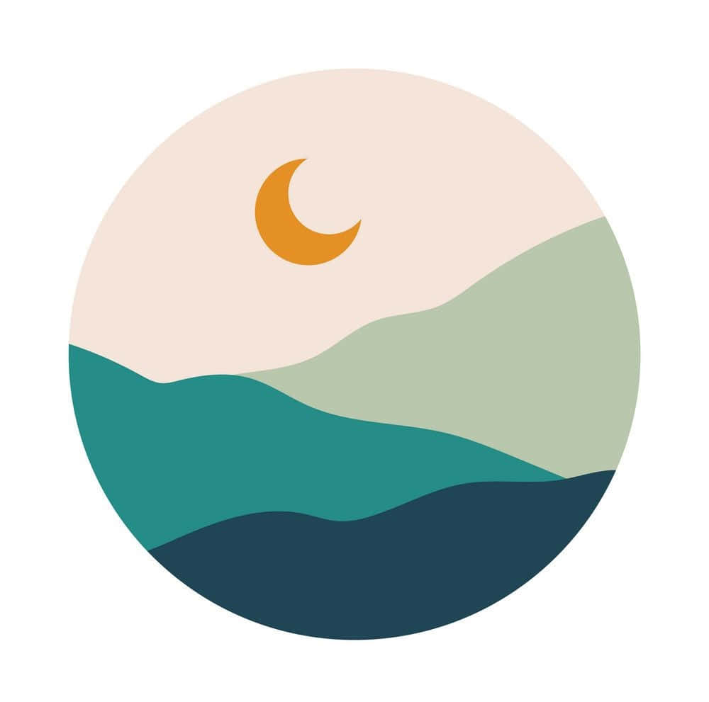 Minimalist Painting 桌布 壁紙 — 以柔和粉彩繪製的極簡圓形插圖，描繪新月下層疊的山脈。
