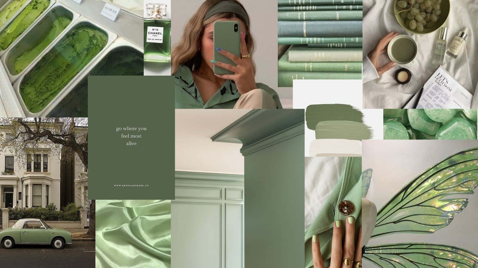 sage green aesthetic 桌布 壁紙 — 以柔和粉彩背景為襯托，以綠色為主題的寧靜拼貼畫，包含復古汽車、絲綢布料、書籍和一位手持電話的女性。