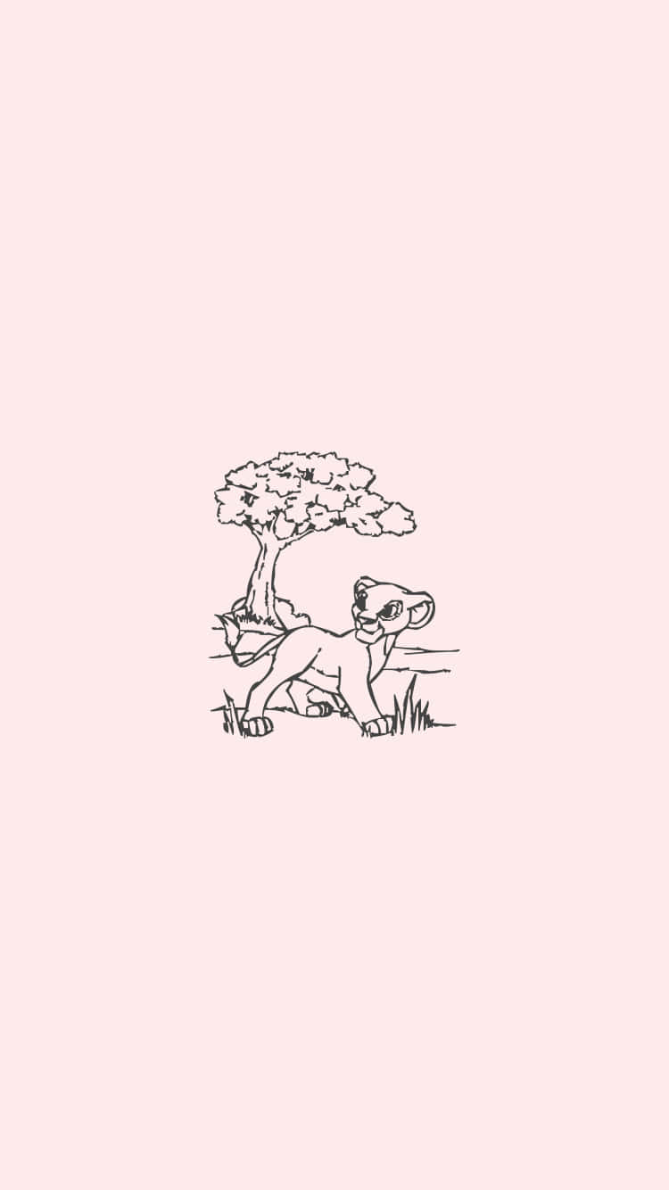 一幅線條藝術插圖，描繪一隻獅子幼崽站在粉紅色背景的樹旁。