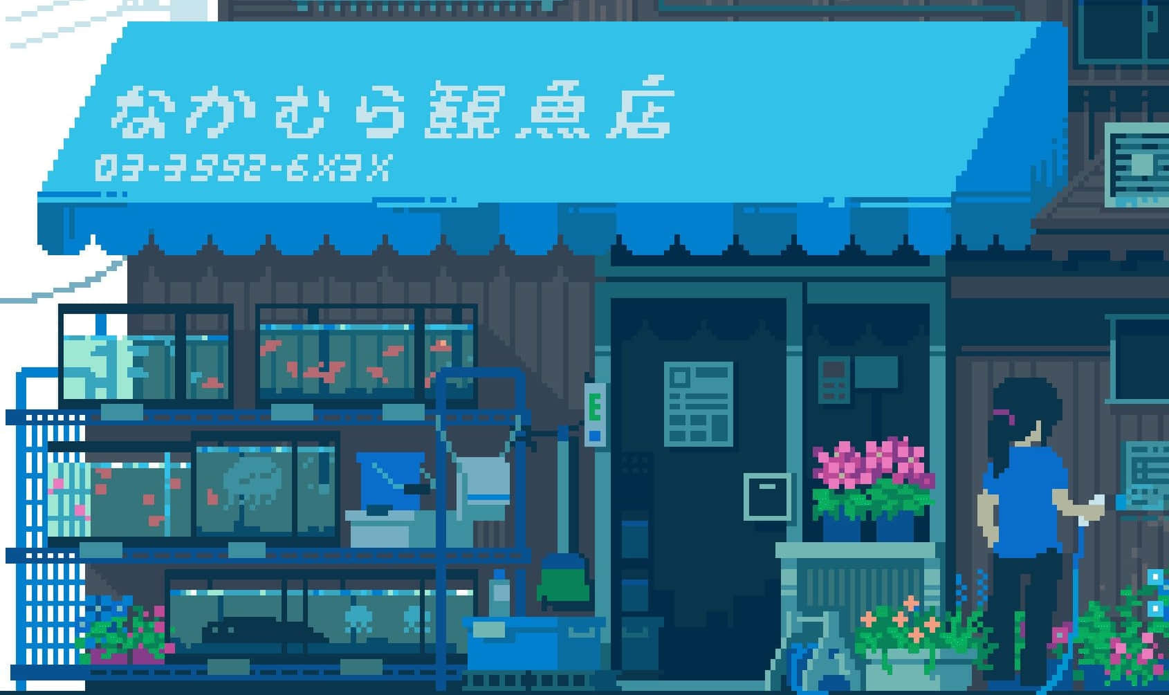 像素藝術魚店，設有水族箱和一個在外面澆花的女孩。