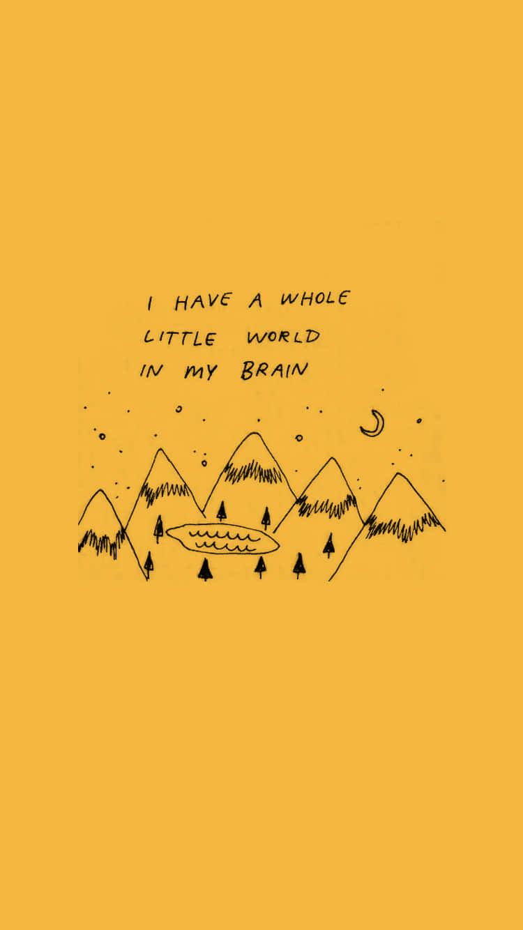 黑色線條藝術，描繪山脈、樹木和月亮，黃色背景上帶有文字 I have a whole little world in my brain.