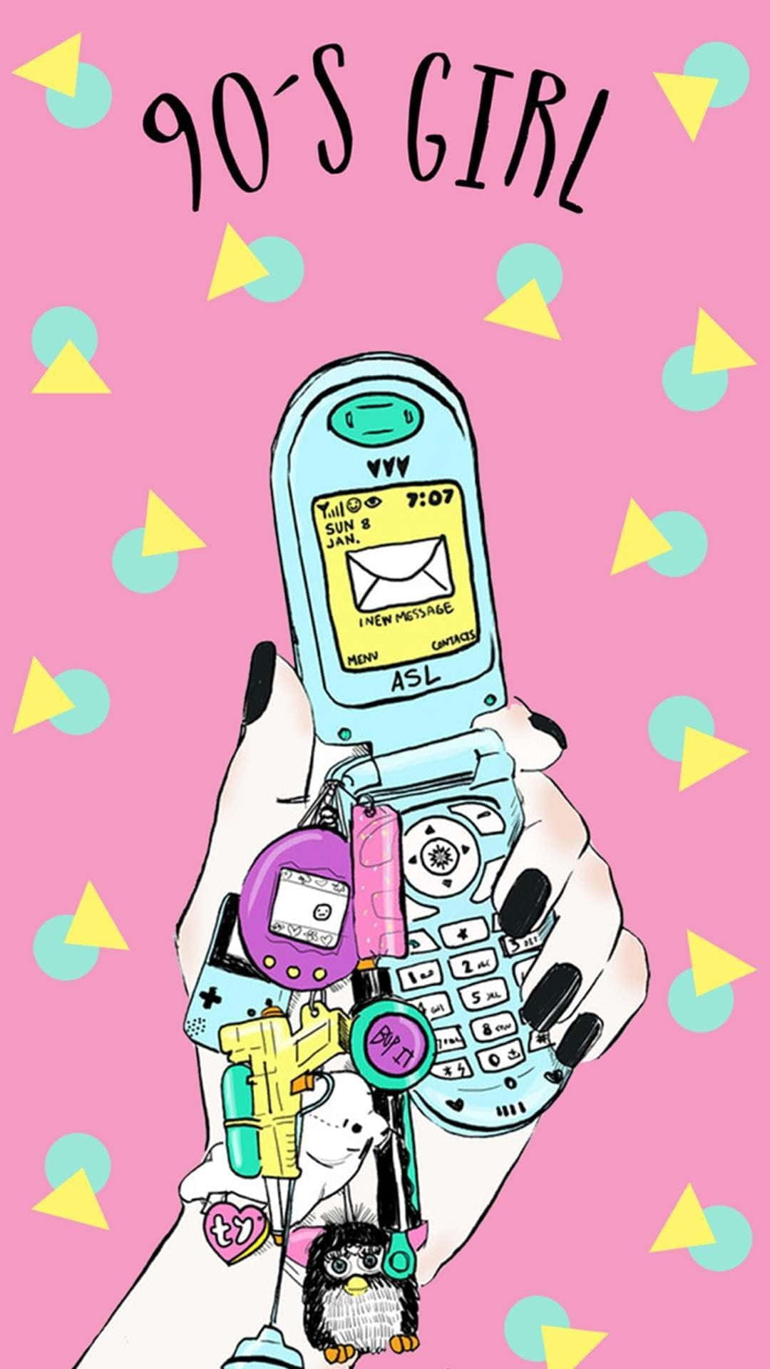 手拿著90年代手機和相機，背景為色彩繽紛的幾何圖案。