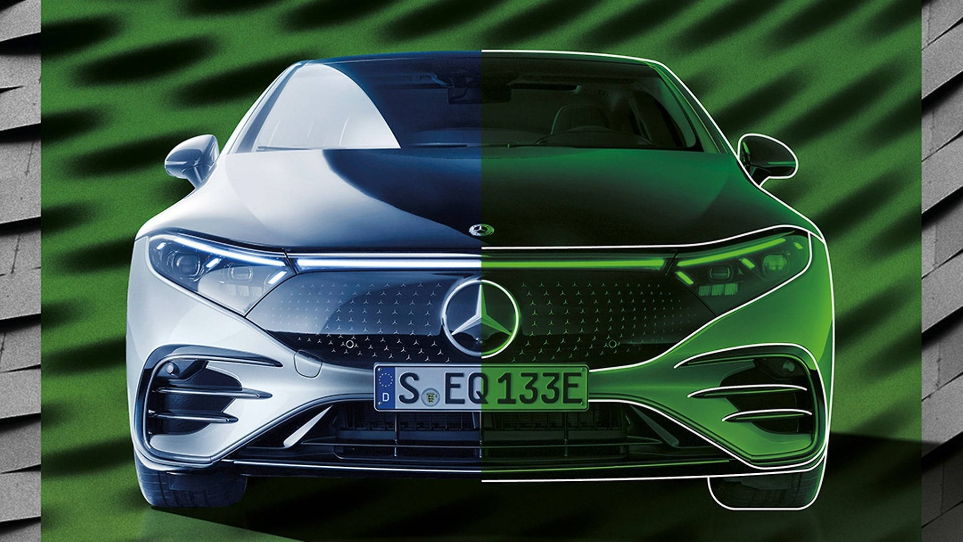 未來感十足的Mercedes EQ電動車，帶有銀色和綠色的一半。
