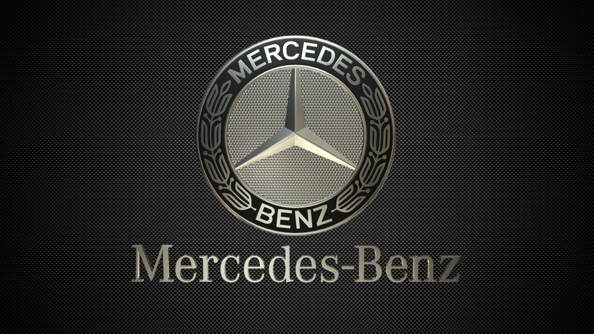 深色紋理背景上的 Mercedes-Benz 標誌，下方有品牌名稱。