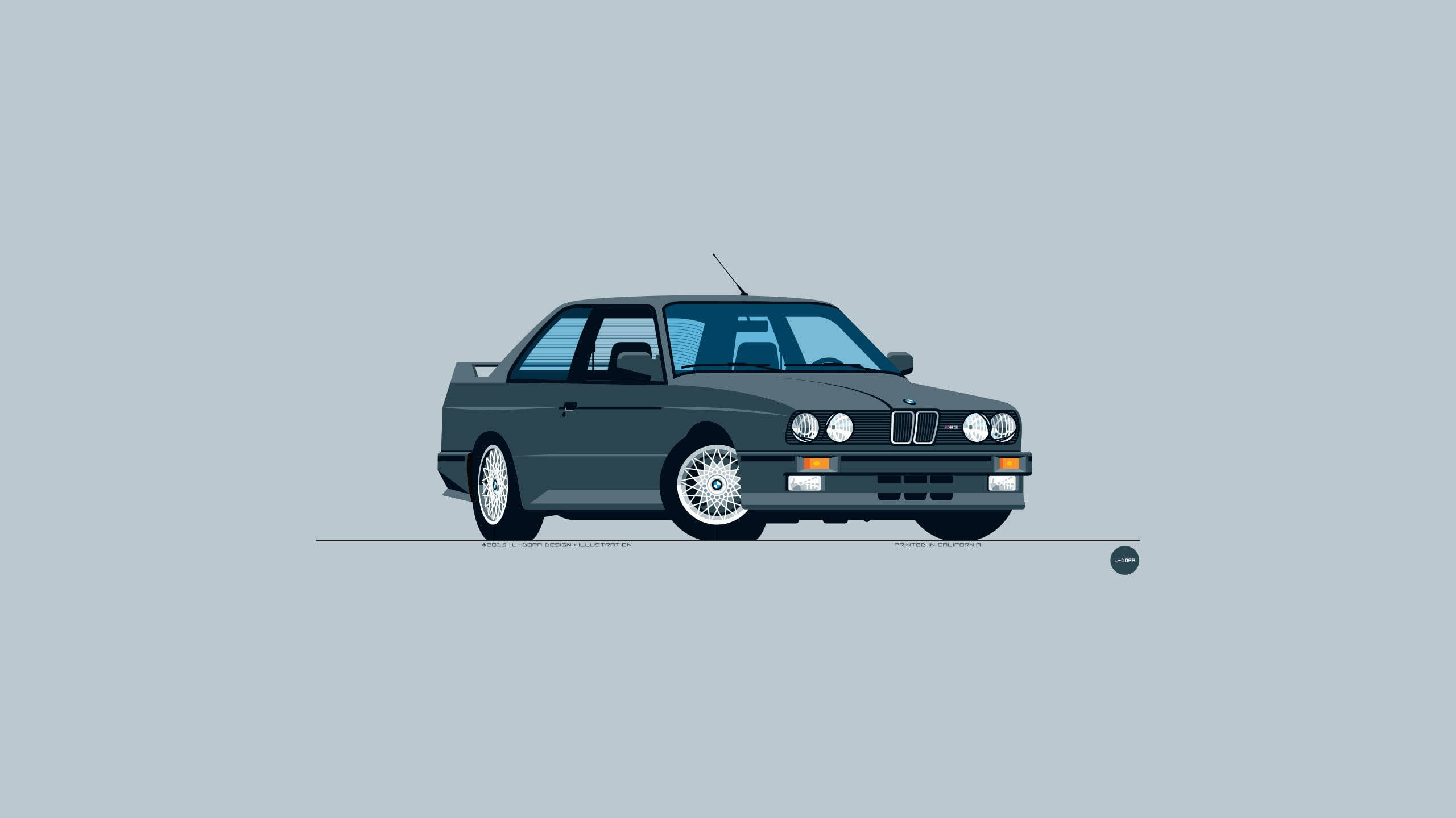 HD 桌布 壁紙 — 以極簡風格繪製的時尚深灰色BMW E30雙門轎跑車，背景為純淺灰色。