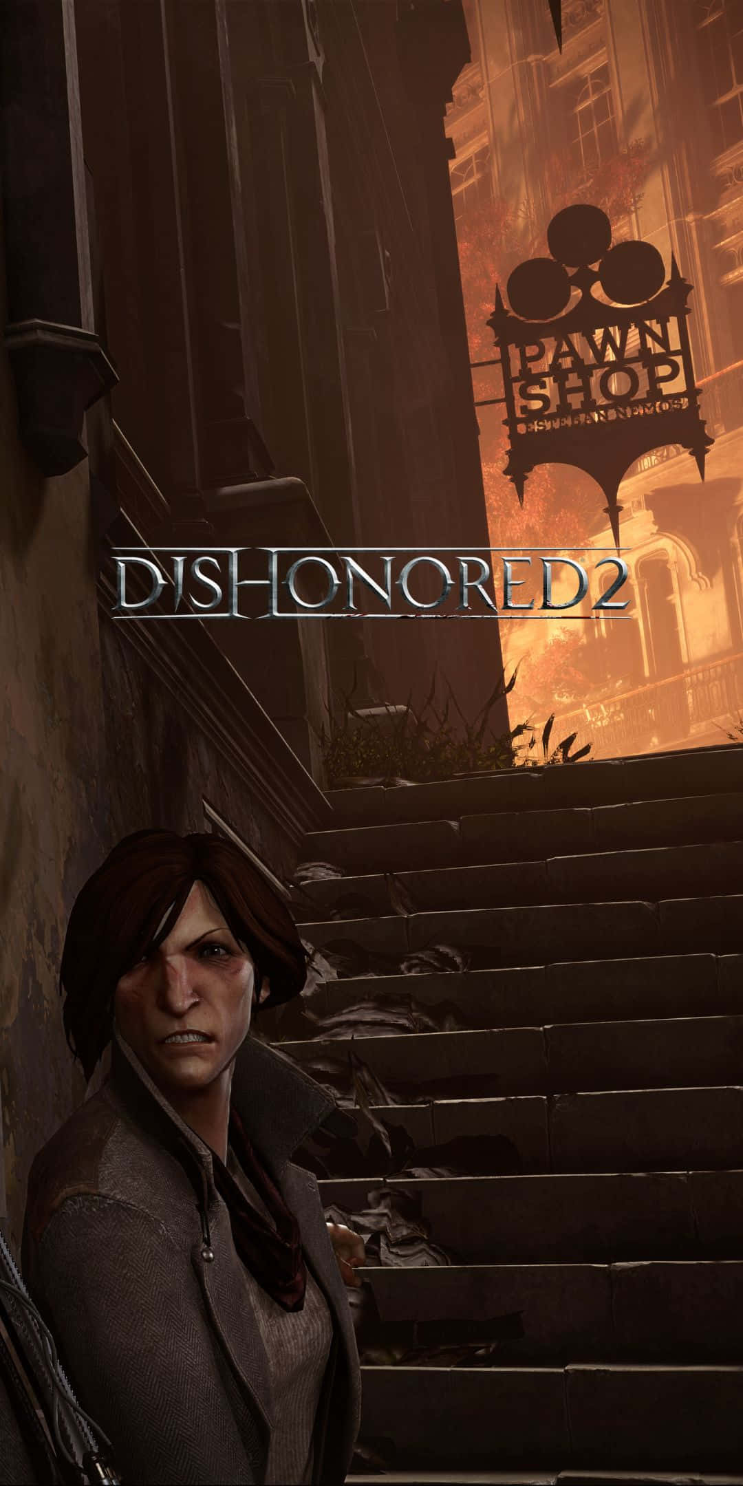 以榮譽戰鬥 — Pixel 3 Dishonored 2 壁紙 — 一個面容陰沉的主角站在石階底部，通往一個在反烏托邦城市景觀中燃燒的當鋪招牌。