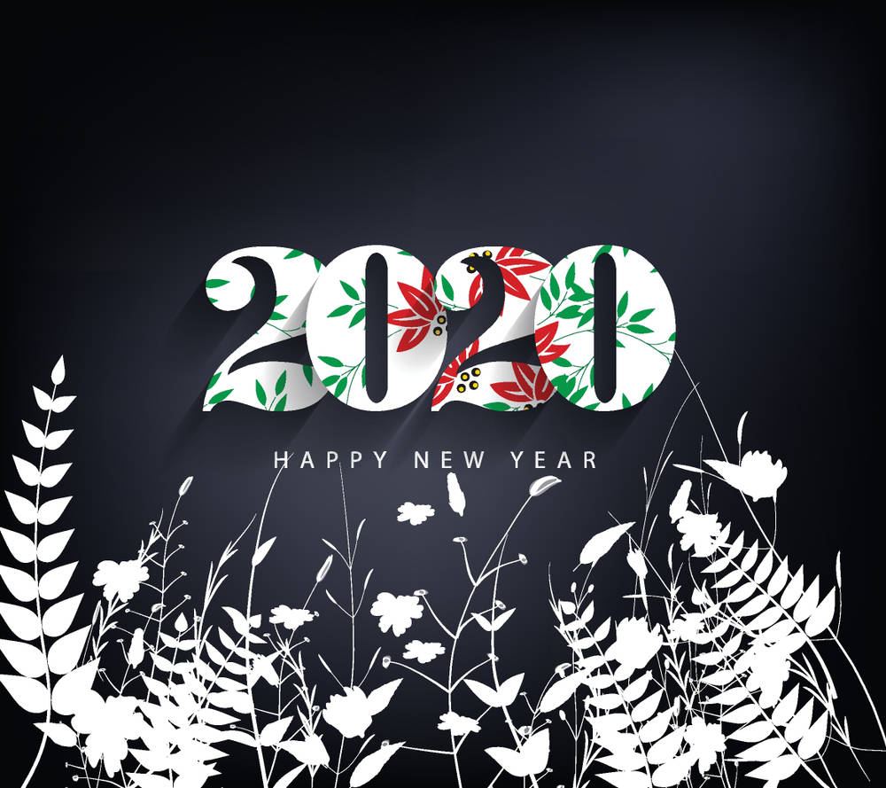 深色背景上帶有花卉圖案和植物剪影的2020新年快樂圖形