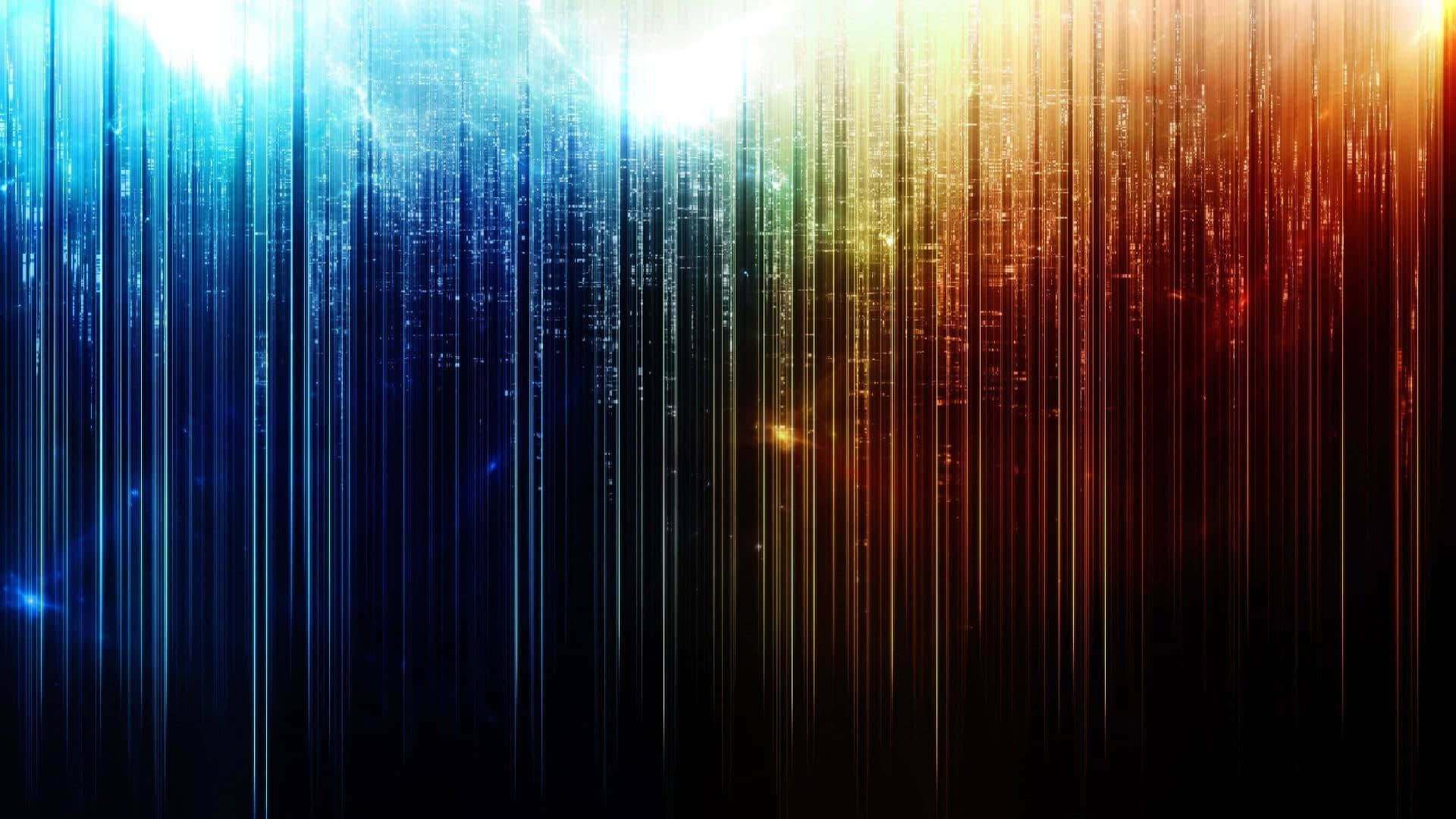 數位雨絲在黑暗背景上從藍色到橙色發光。