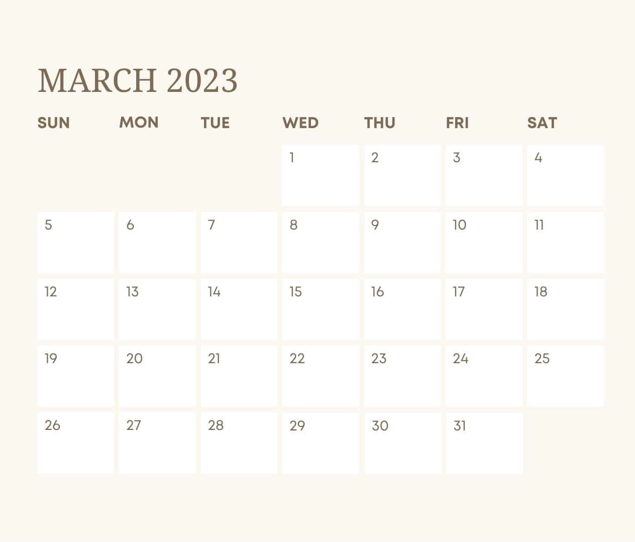 2023年3月日曆，米色背景，白色日期框。