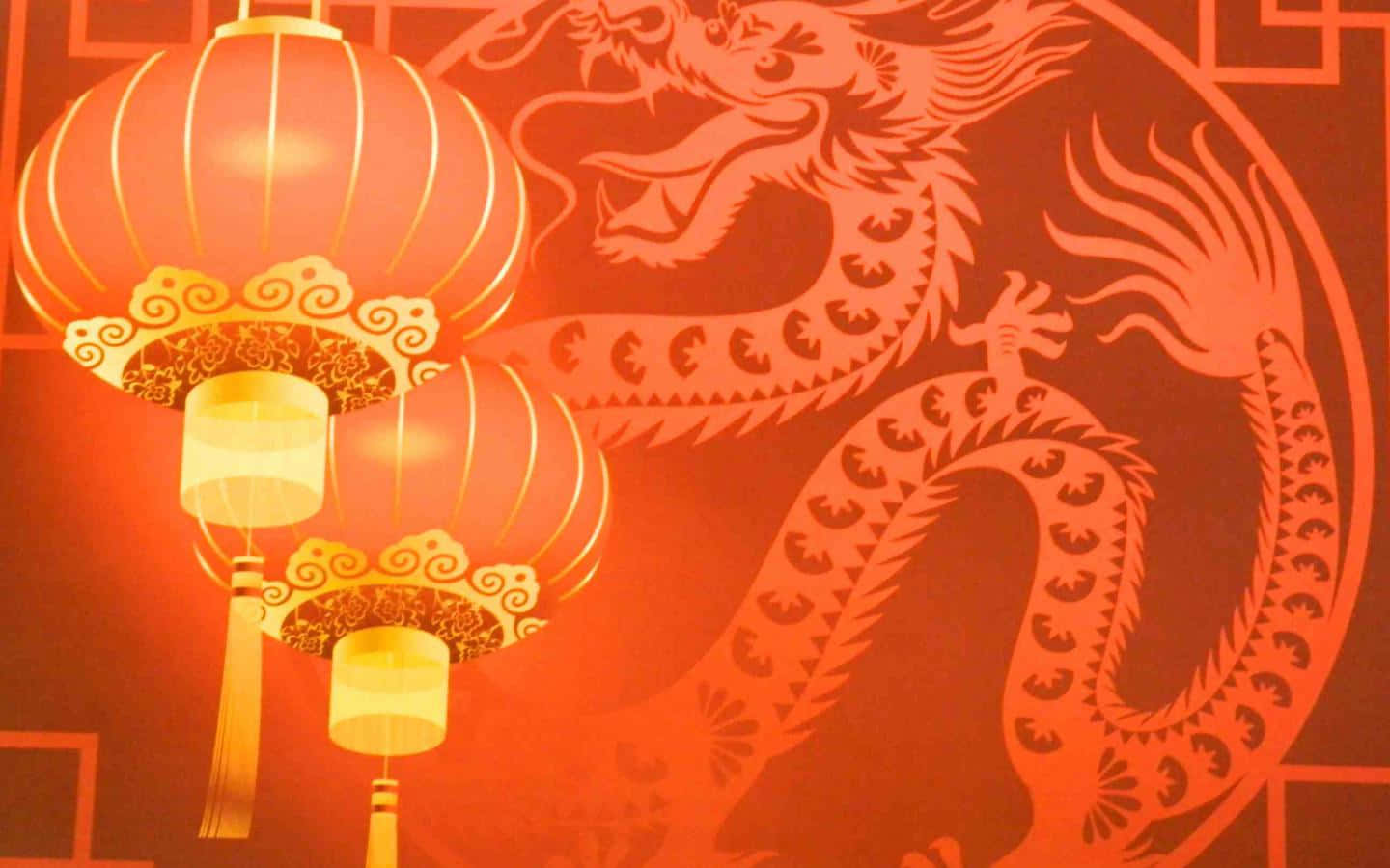 紅色燈籠照亮龍壁畫以慶祝中國節日。