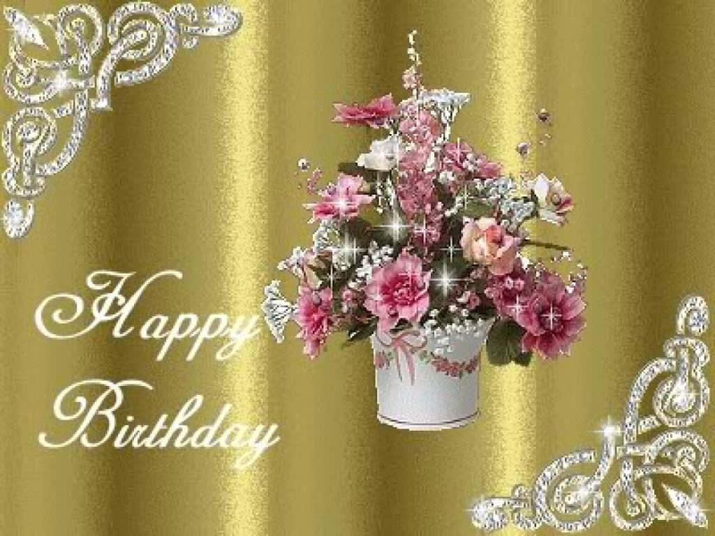 金色背景上，白色桶子裡有粉紅色花朵的Happy Birthday祝福。