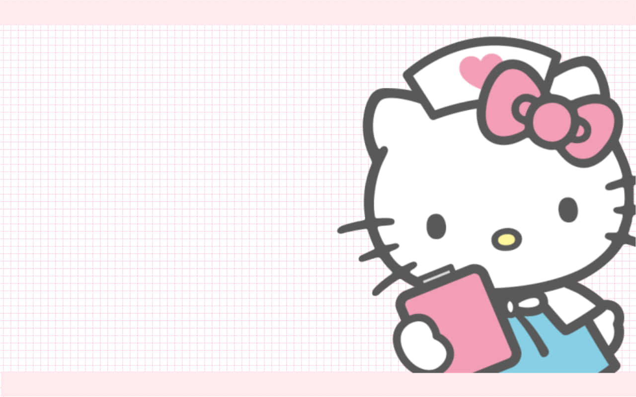 Hello Kitty 打扮成護士，拿著粉紅色剪貼板。