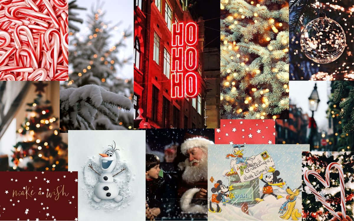 聖誕拼貼，包含拐杖糖、雪、聖誕老人、Olaf 和閃爍的燈光。
