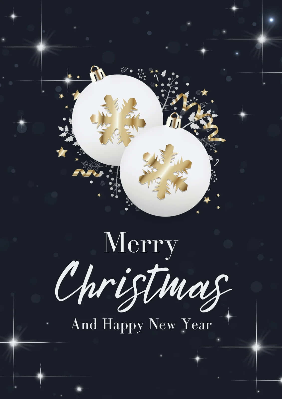 以歡樂聖誕海報慶祝節日精神 壁紙 — 兩個帶有金色雪花的白色聖誕裝飾品在繁星點點的深藍色背景上漂浮，並帶有節日文字。