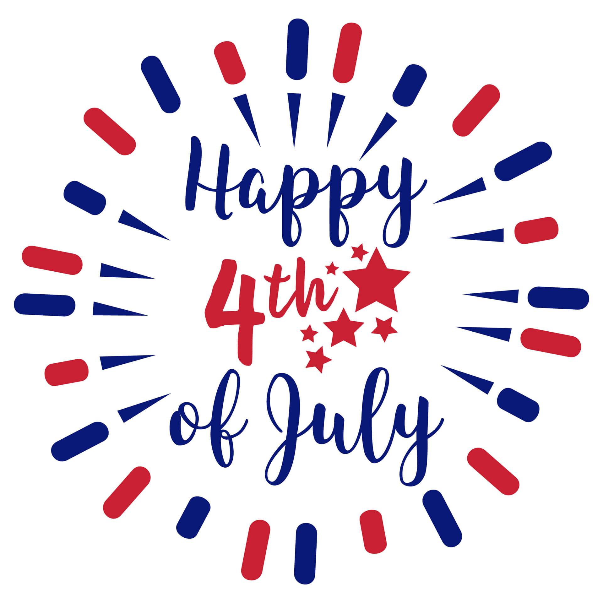 Happy 4th of July 文字，帶有紅色星星和藍紅色煙火爆發。