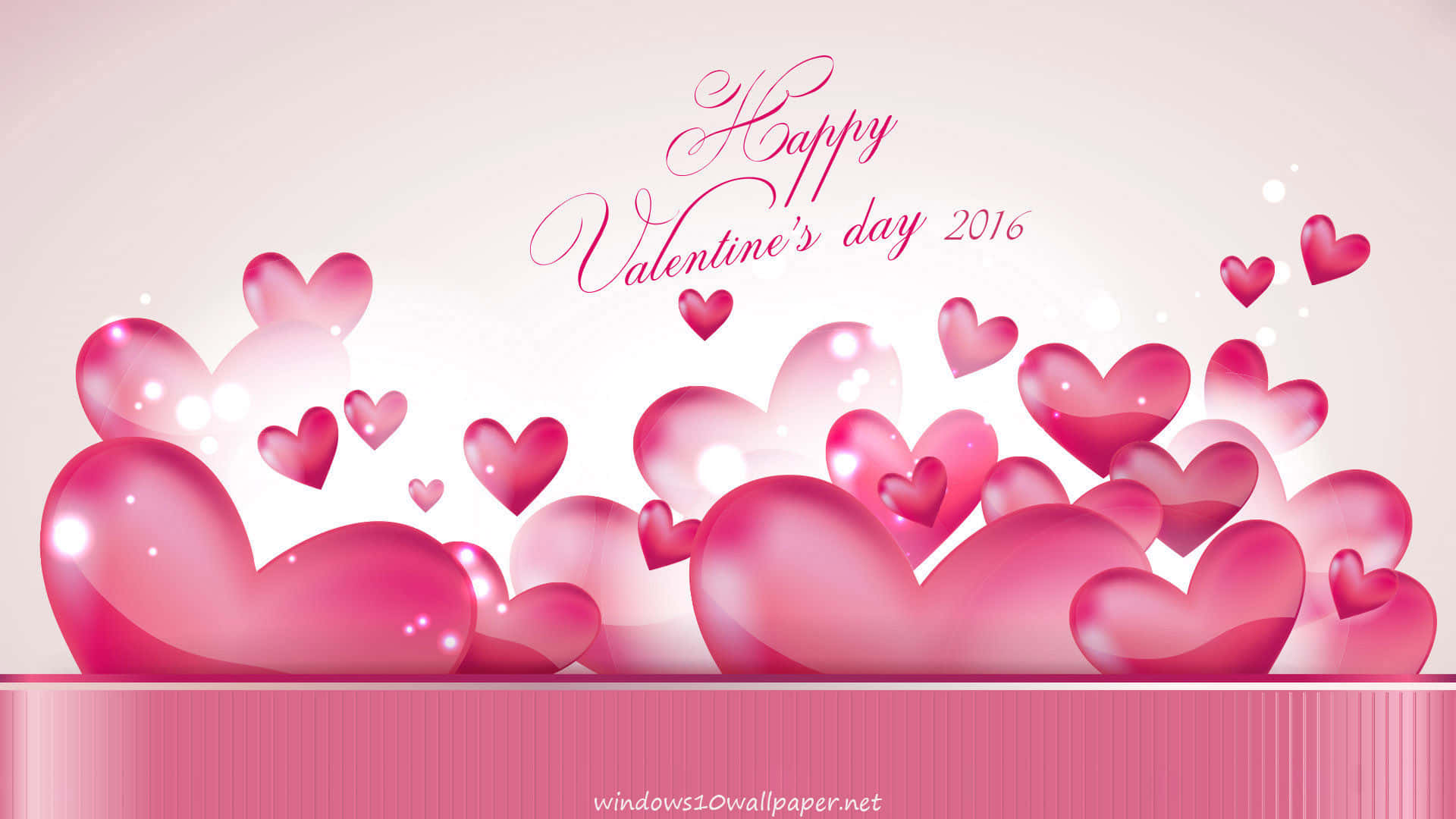 閃亮粉紅心形漂浮，帶有「Happy Valentine's Day 2016」文字。