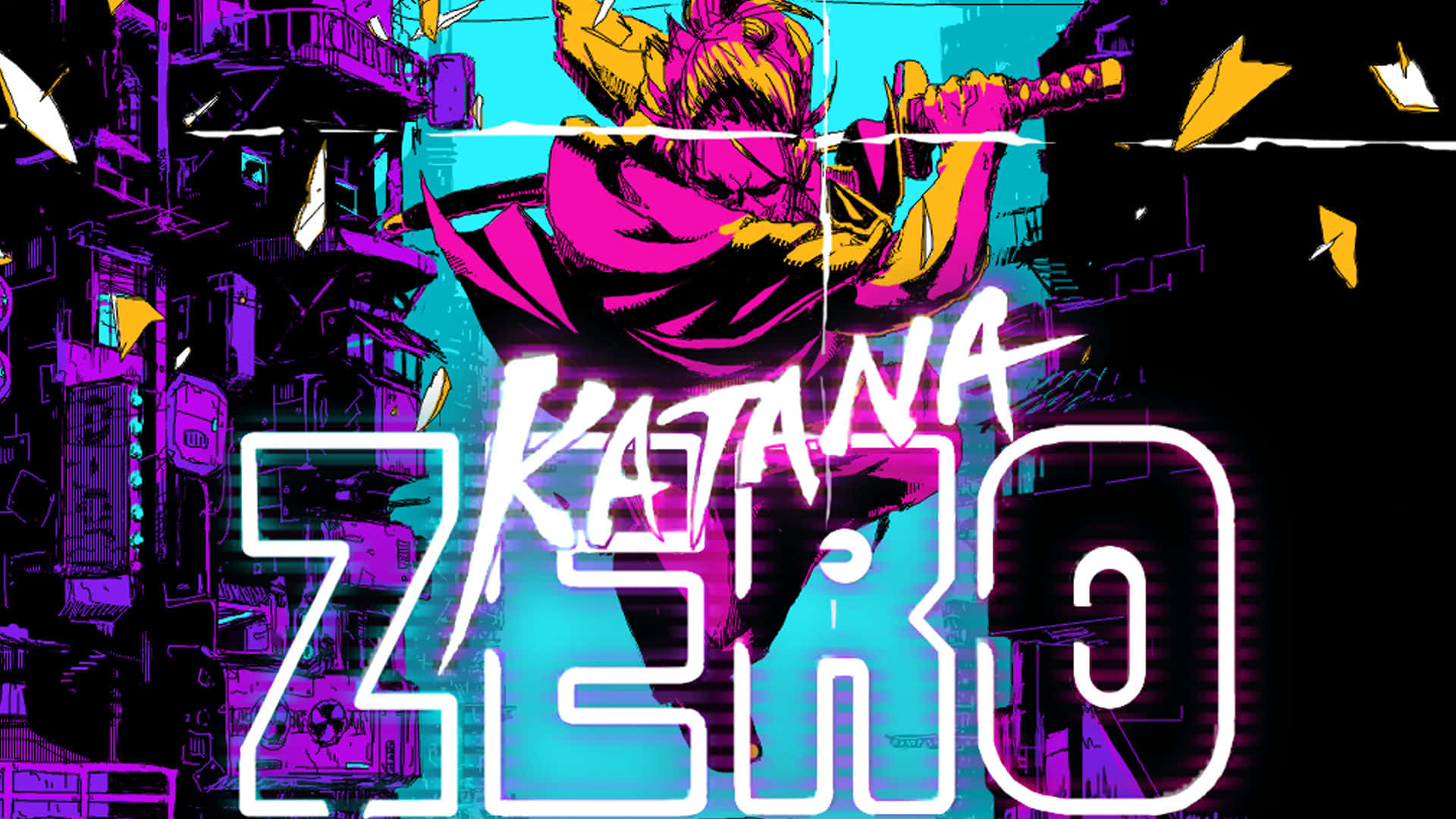 動漫戰士在霓虹賽博龐克城市中手持武士刀，帶有「Katana Zero」文字。