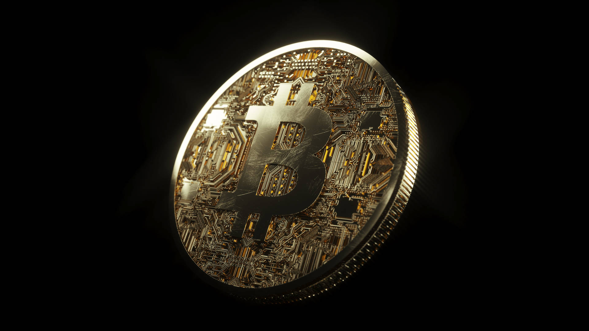 金色比特幣硬幣，帶有電路板設計，黑色背景