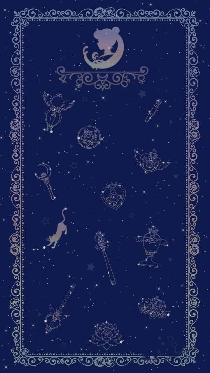 天體符號在深藍色背景上的華麗銀色框架內漂浮在星星之間。