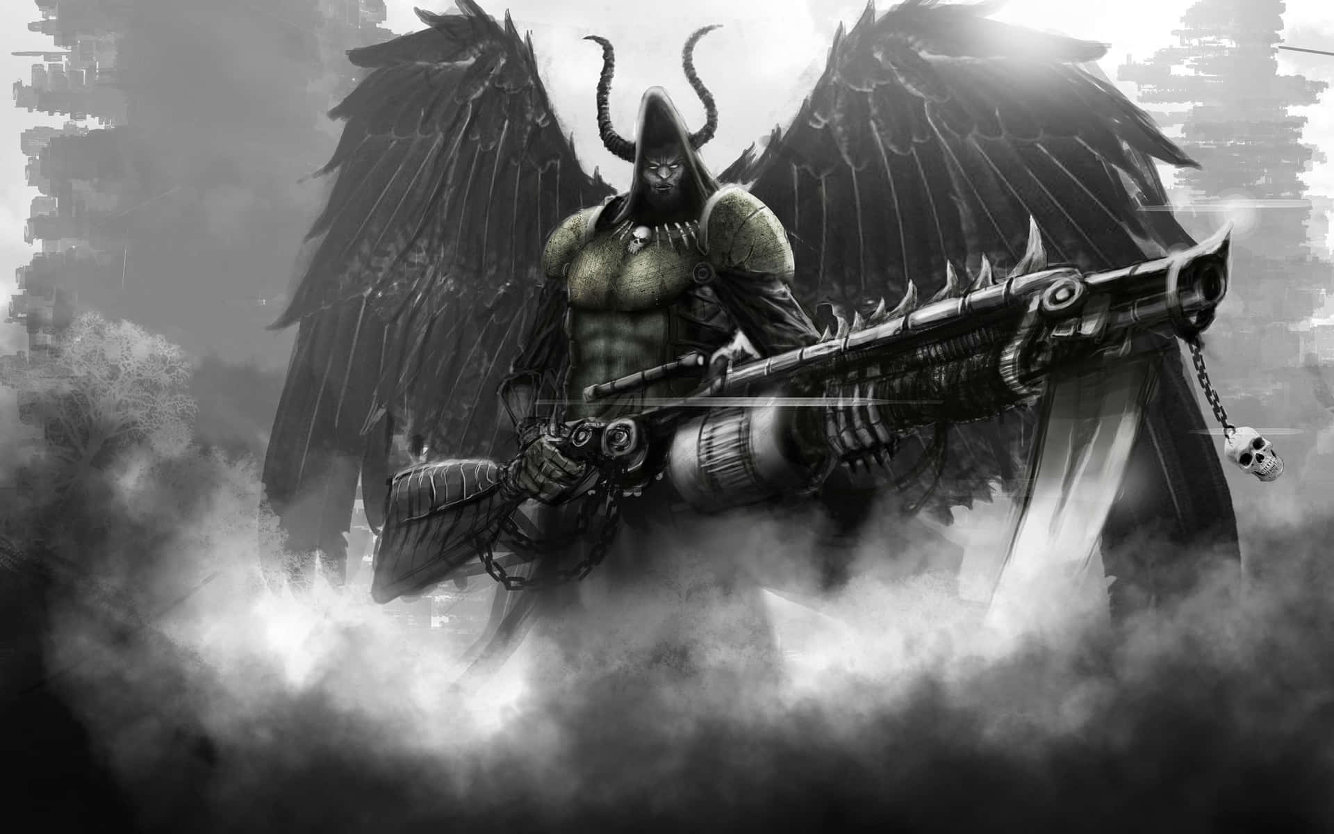 一個有翼有角的惡魔戰士在風暴黑暗場景中手持重型武器。