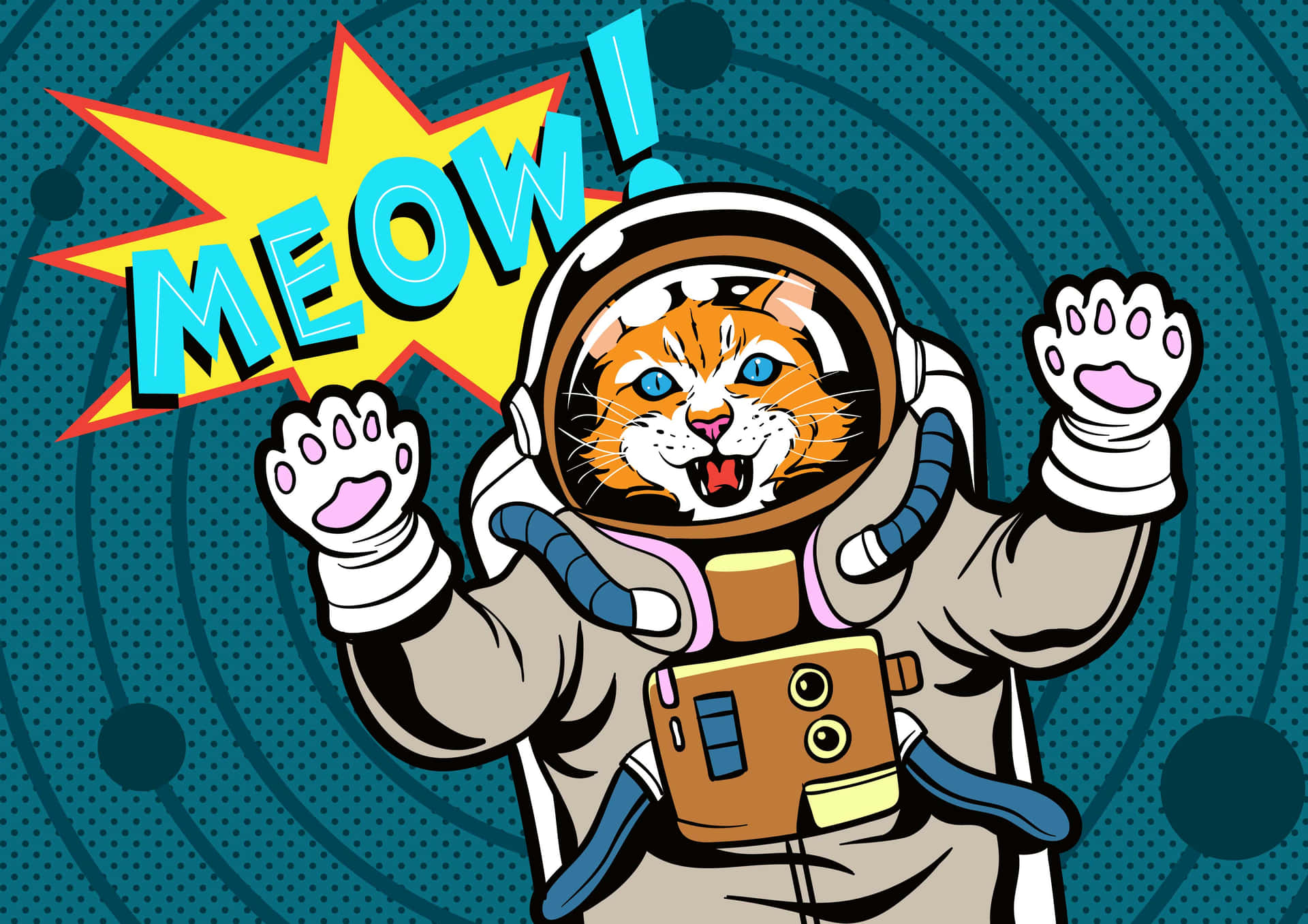 一隻卡通貓太空人揮舞著帶有meow對話框。