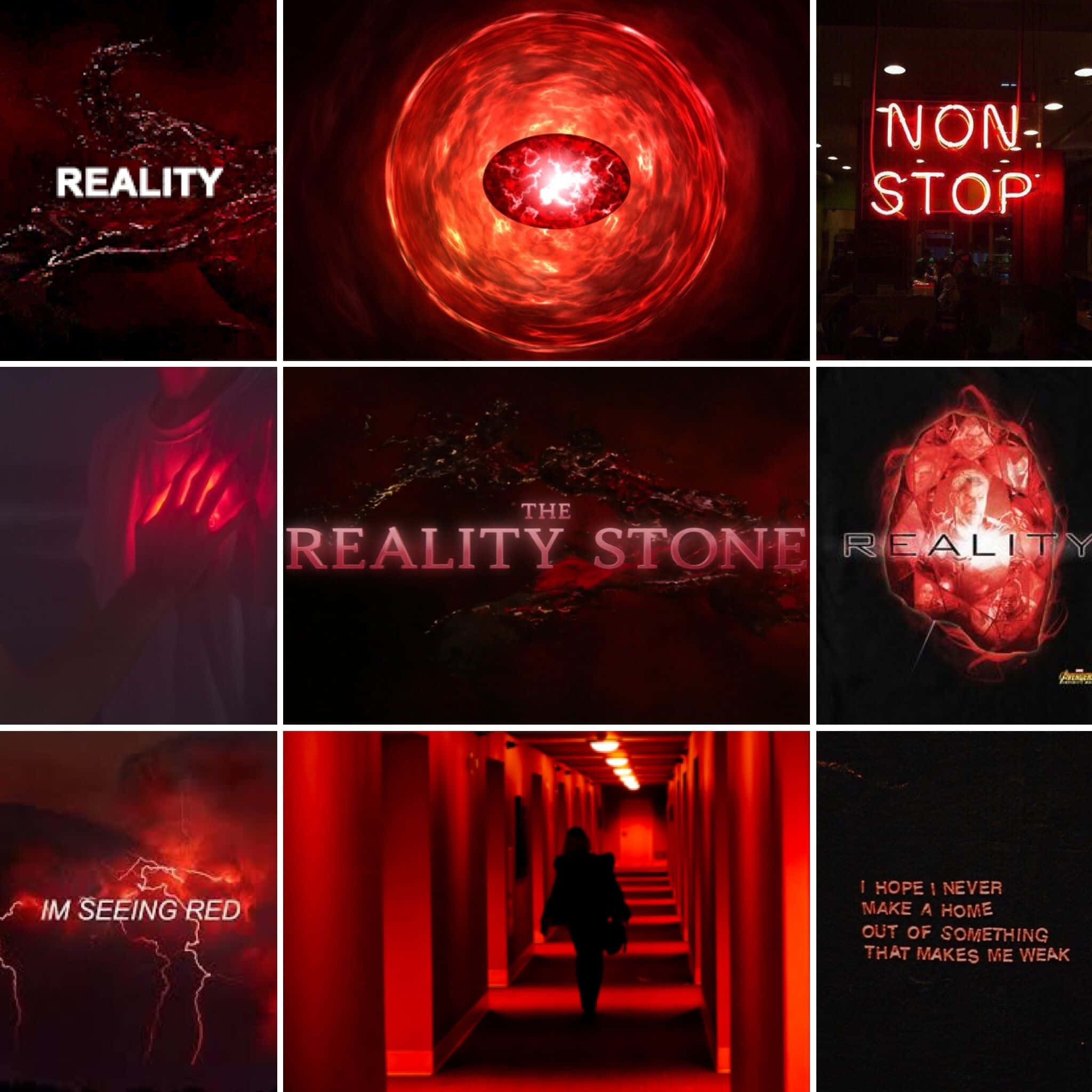 Reality Stone 桌布 壁紙 — 以深紅色為主題的拼貼畫，包含抽象漩渦、發光文字和一個孤獨的身影走在深紅色的走廊上。