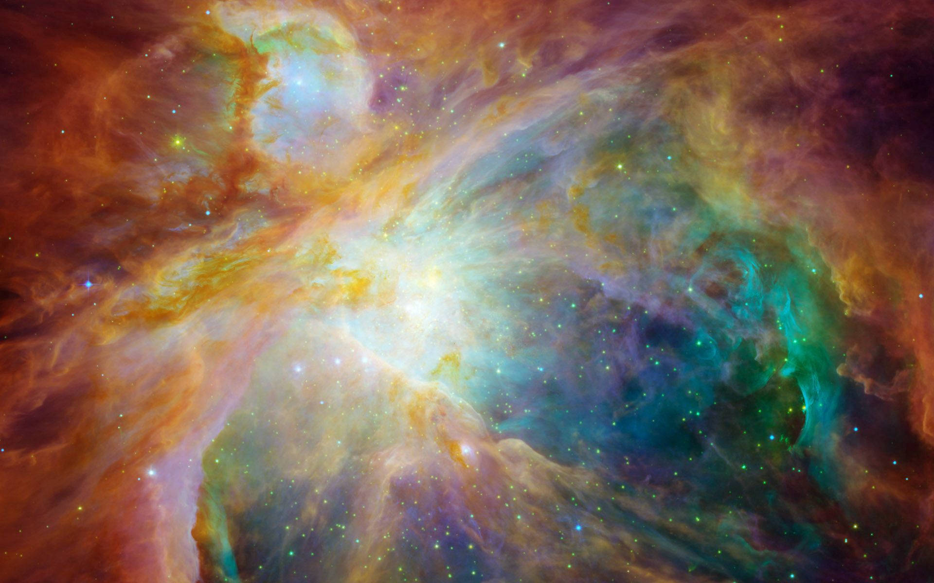 色彩繽紛的星雲，帶有發光的星星和旋轉的宇宙雲，在深空中。