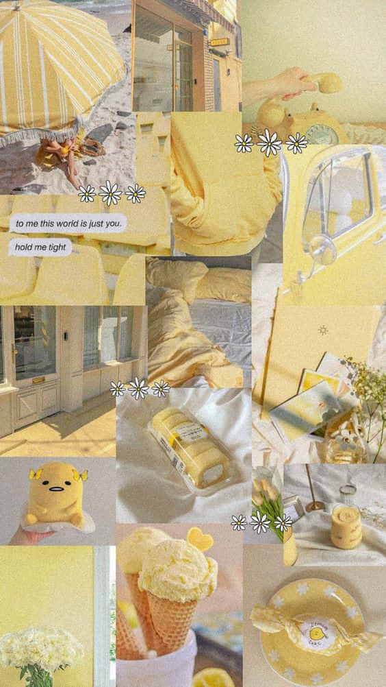 以淺黃色調點亮房間 壁紙 — 以黃色為主題的夢幻拼貼， featuring 沙灘傘、雪糕、復古汽車和沐浴在溫暖陽光下的舒適室內設計。