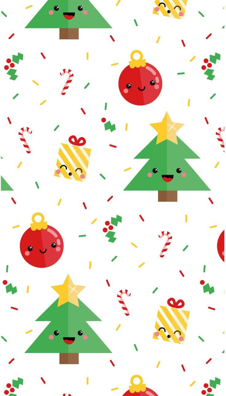 以滿滿愛意慶祝這歡樂又節慶的時刻！ 壁紙 — 一個歡樂的重複圖案，包含微笑的聖誕樹、裝飾品、拐杖糖和禮物，以及彩色紙屑，背景為白色。