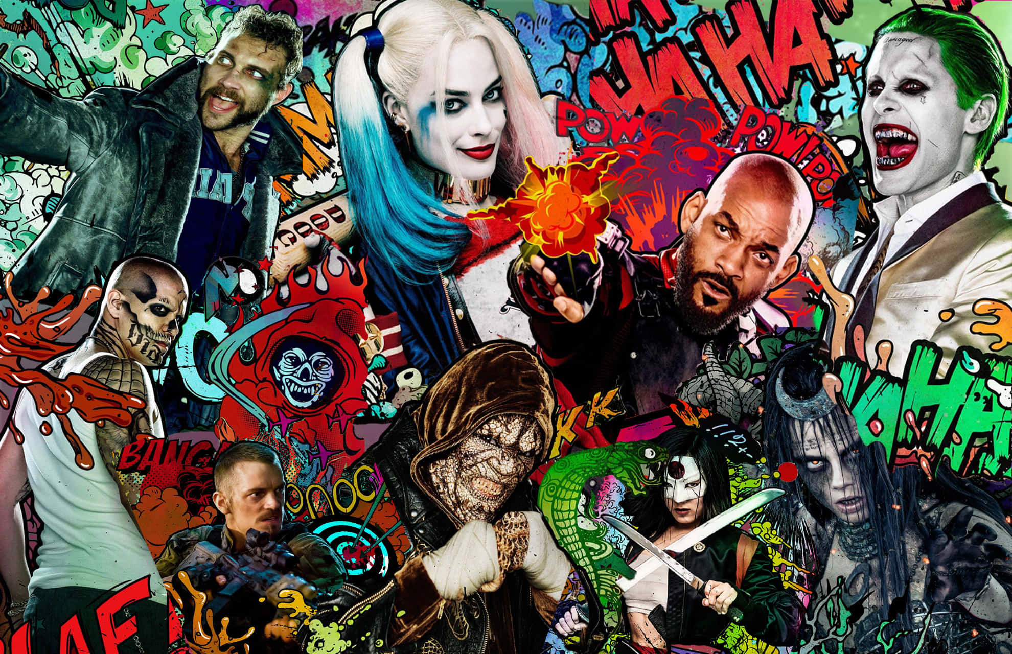Suicide Squad 桌布 壁紙 — 以漫畫風格呈現的鮮明拼貼畫，描繪哈莉·奎茵和小丑等標誌性DC反派，周圍環繞著爆炸性的塗鴉和混亂的能量。