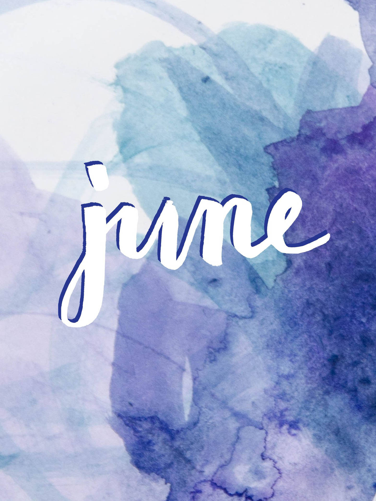 June 以白色草書寫在藍色和紫色水彩背景上。