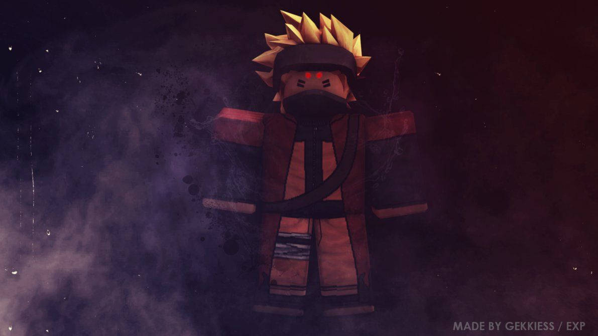 Roblox鳴人，發光的紅色眼睛和尖刺頭髮，在黑暗煙霧背景中。