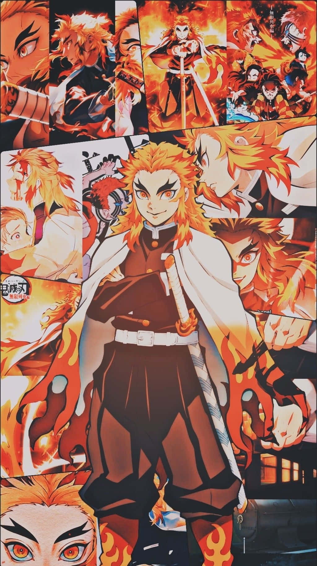 Rengoku Aesthetic 桌布 壁紙 — 以火焰髮戰士為中心的火熱動漫拼貼畫，身穿白色外套揮舞劍，周圍是動態動作面板。