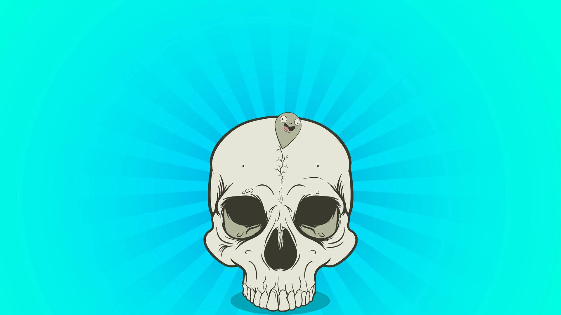 卡通骷髏頭，蟲子在藍色太陽光線背景下彈出。